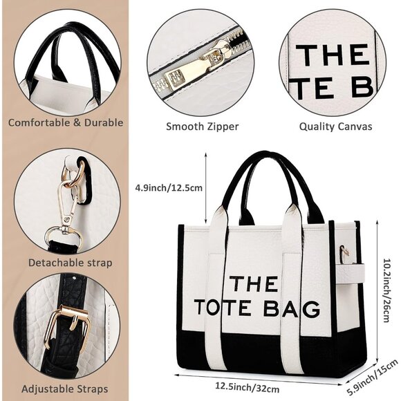 Women Pu-black & White Personalized Canvas With Zipper Top-handle Tote Handbag - Picture 5 of 6